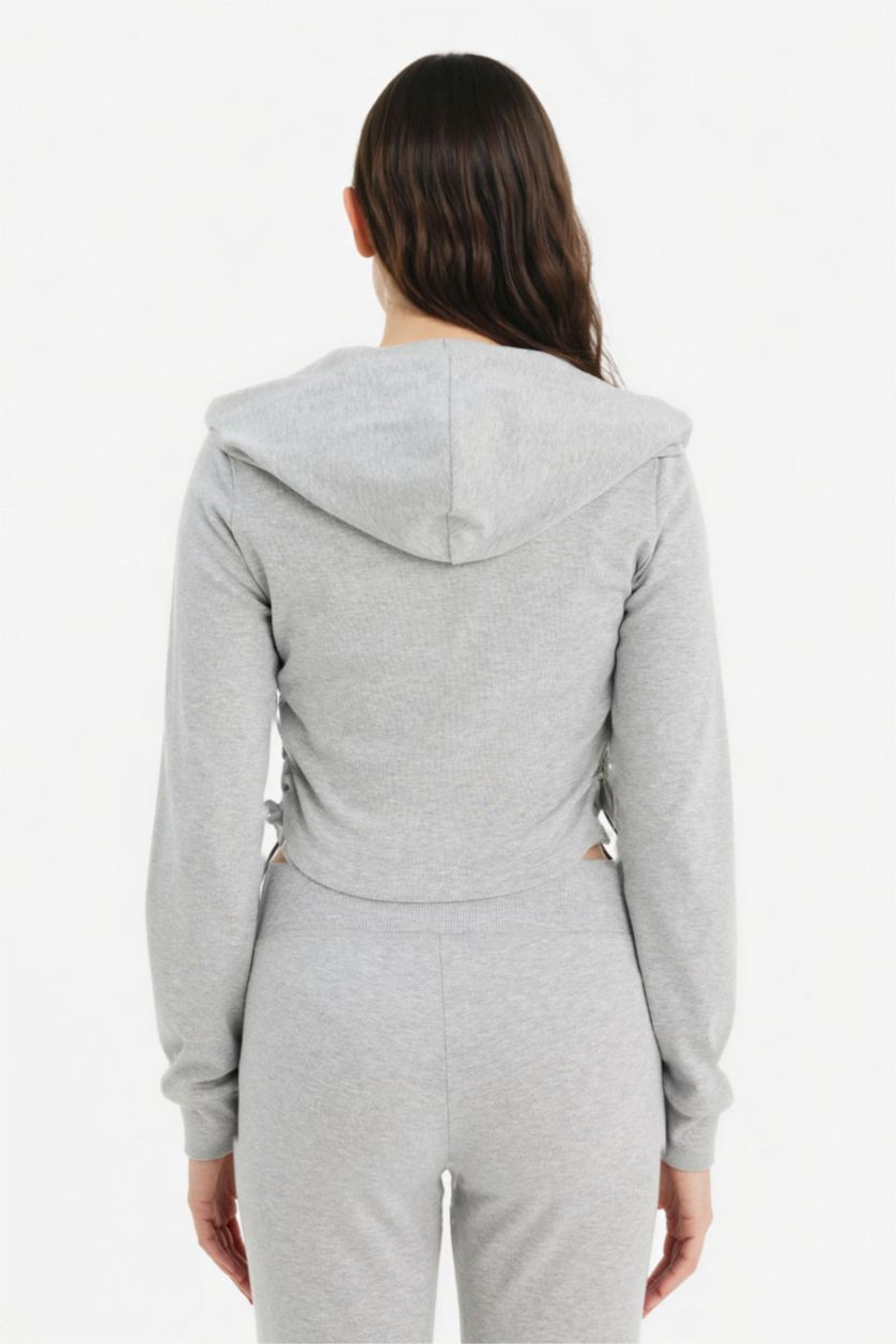 Woman Grey Melange Hooded Ribana Cardigan