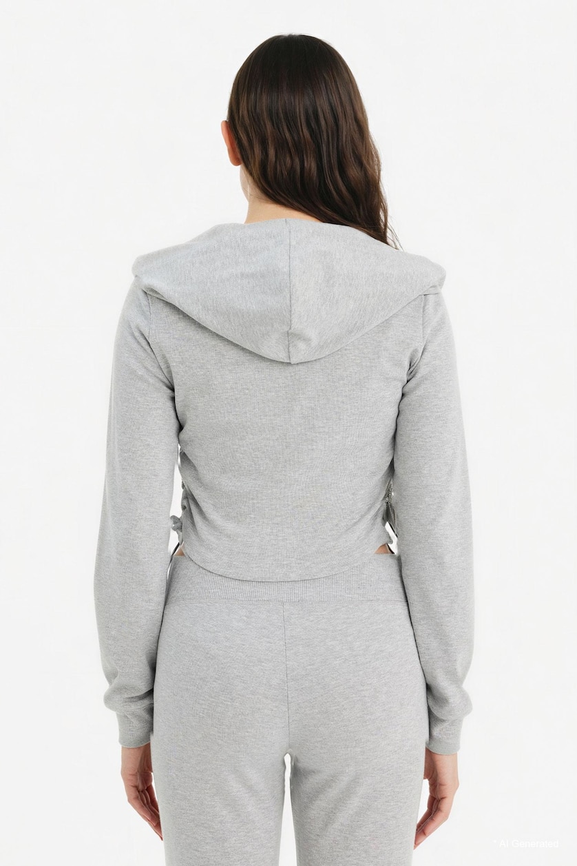 Kadın Gri Melanj Büzgülü Kapüşonlu Crop Basic Hırka