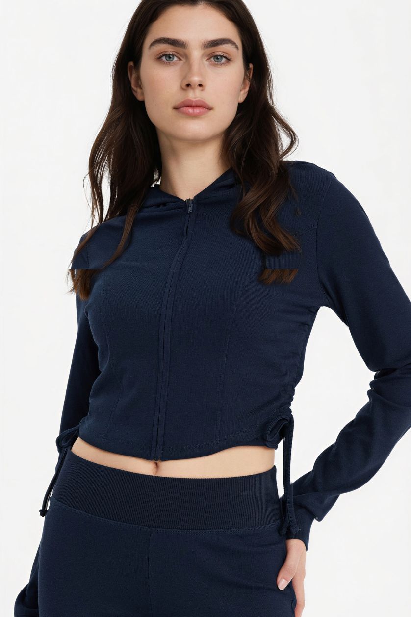 Kadın Lacivert Kapüşonlu Ribana Hırka