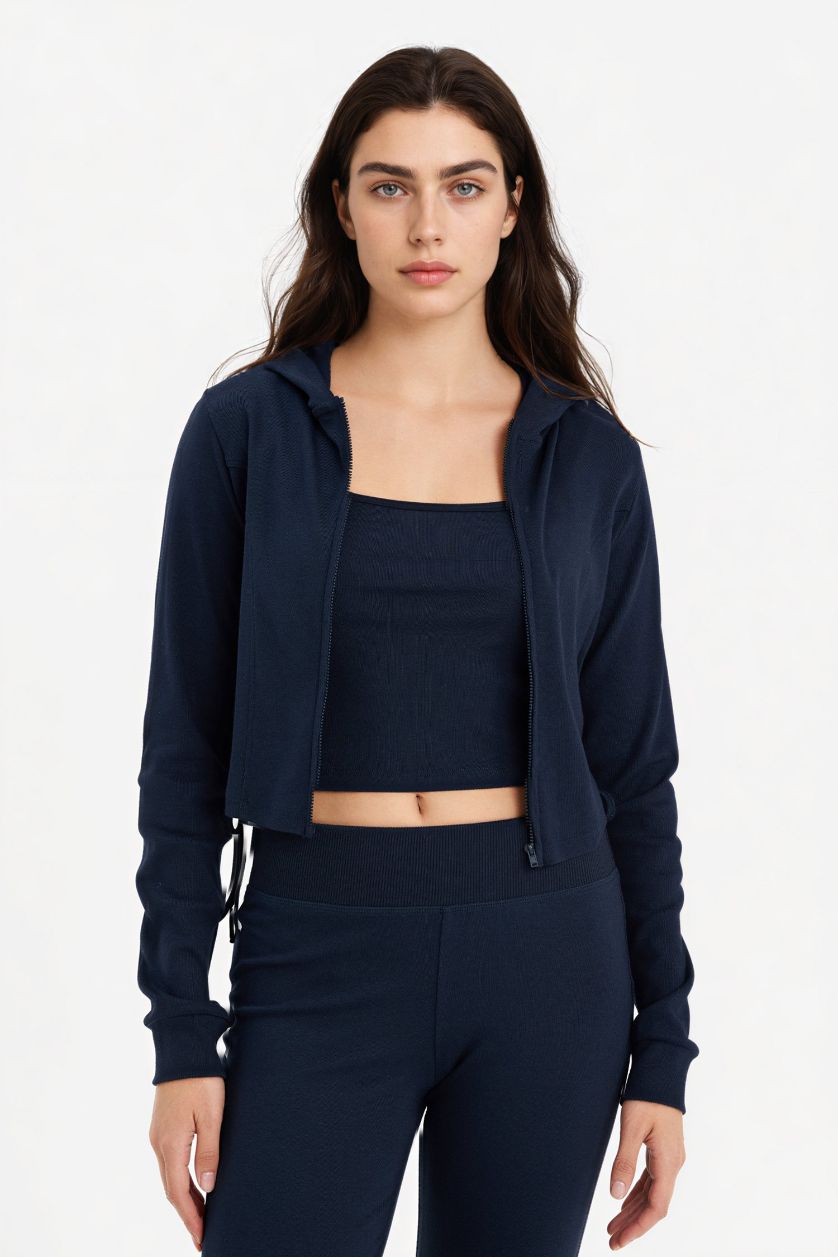 Kadın Lacivert Kapüşonlu Ribana Hırka