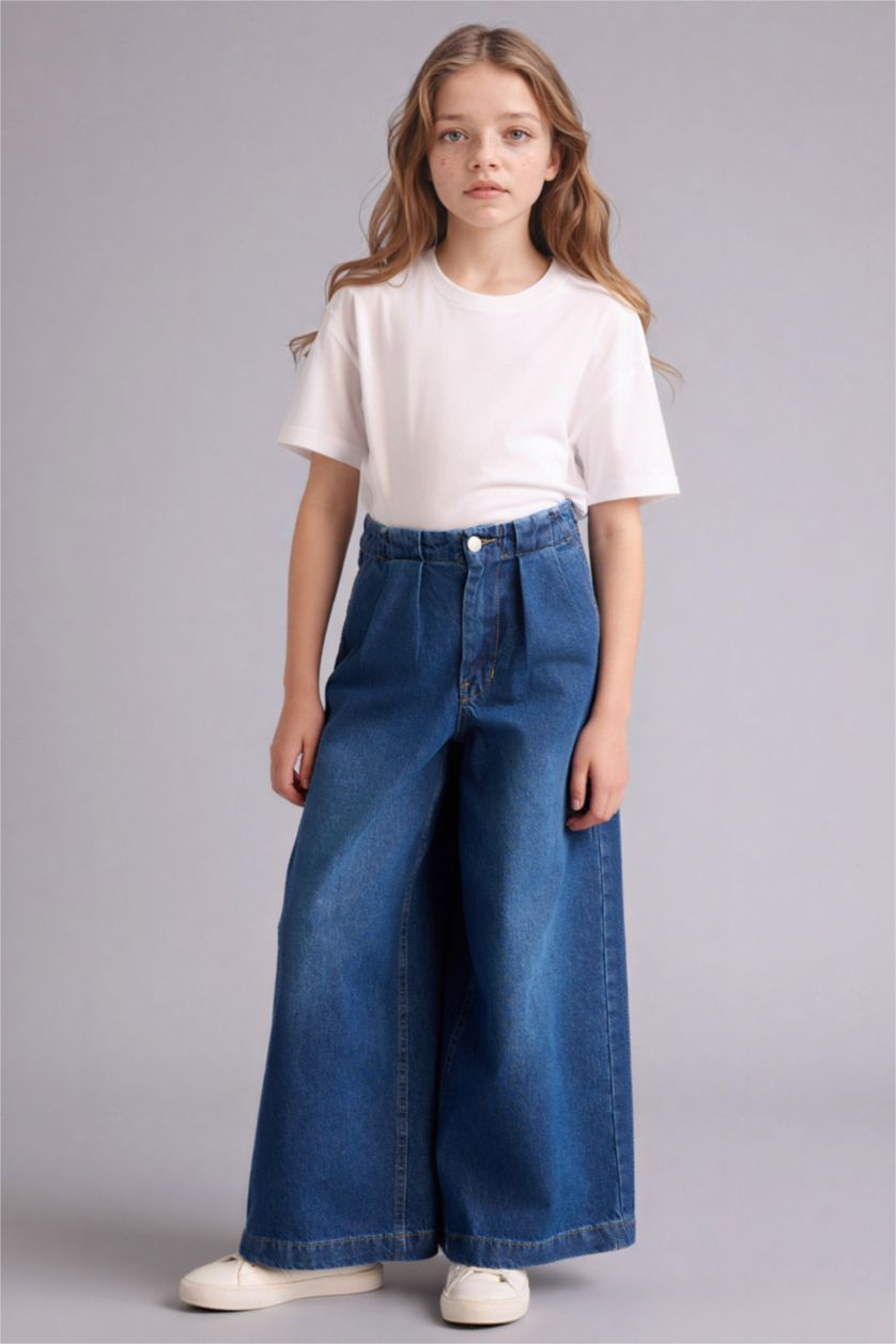 Kız Çocuk - Genç Kız Mavi Wıde Leg Jean Pantolon Kız Çocuk