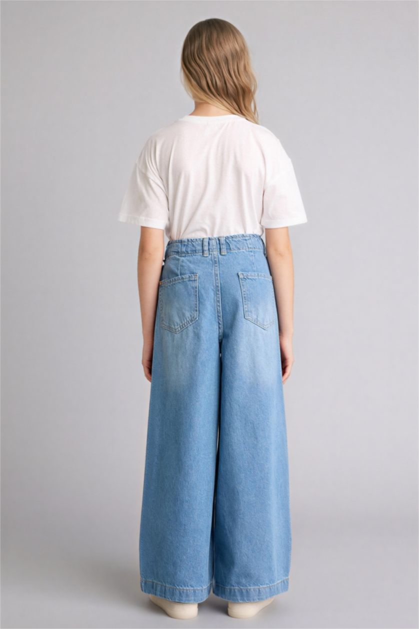 بناتي أزرق فاتح بنطلون جينز بناتي وايد ليج برجل واسع