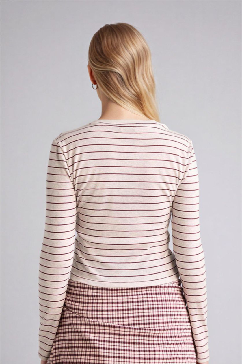 Woman Grey Melange Slim Fit Crew Neck Ribana Cardigan