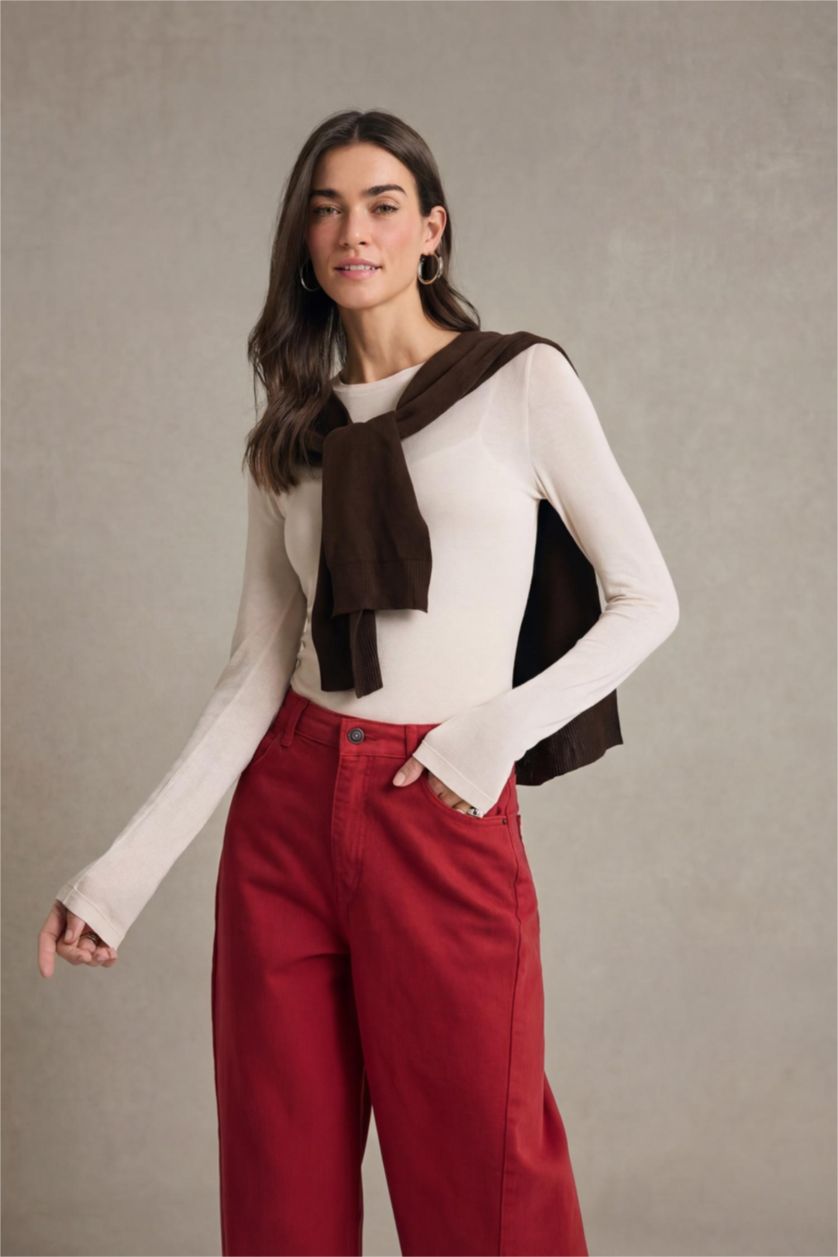 Kadın Bej Slım Fıt Ribana Tişört