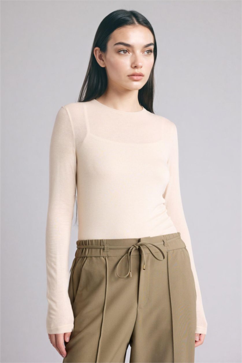 Kadın Bej Slım Fıt Ribana Tişört