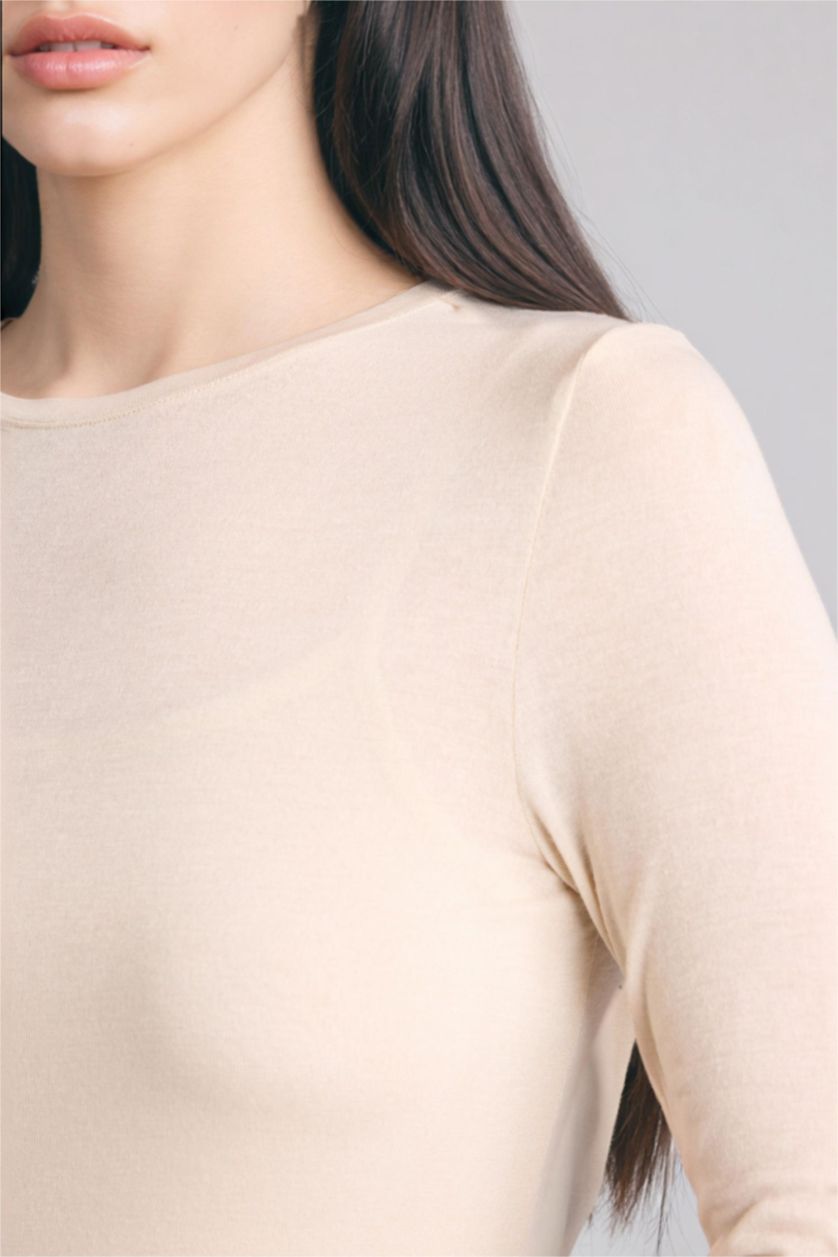 Kadın Bej Slım Fıt Ribana Tişört