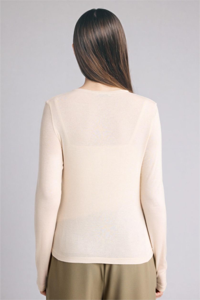 Kadın Bej Slım Fıt Ribana Tişört