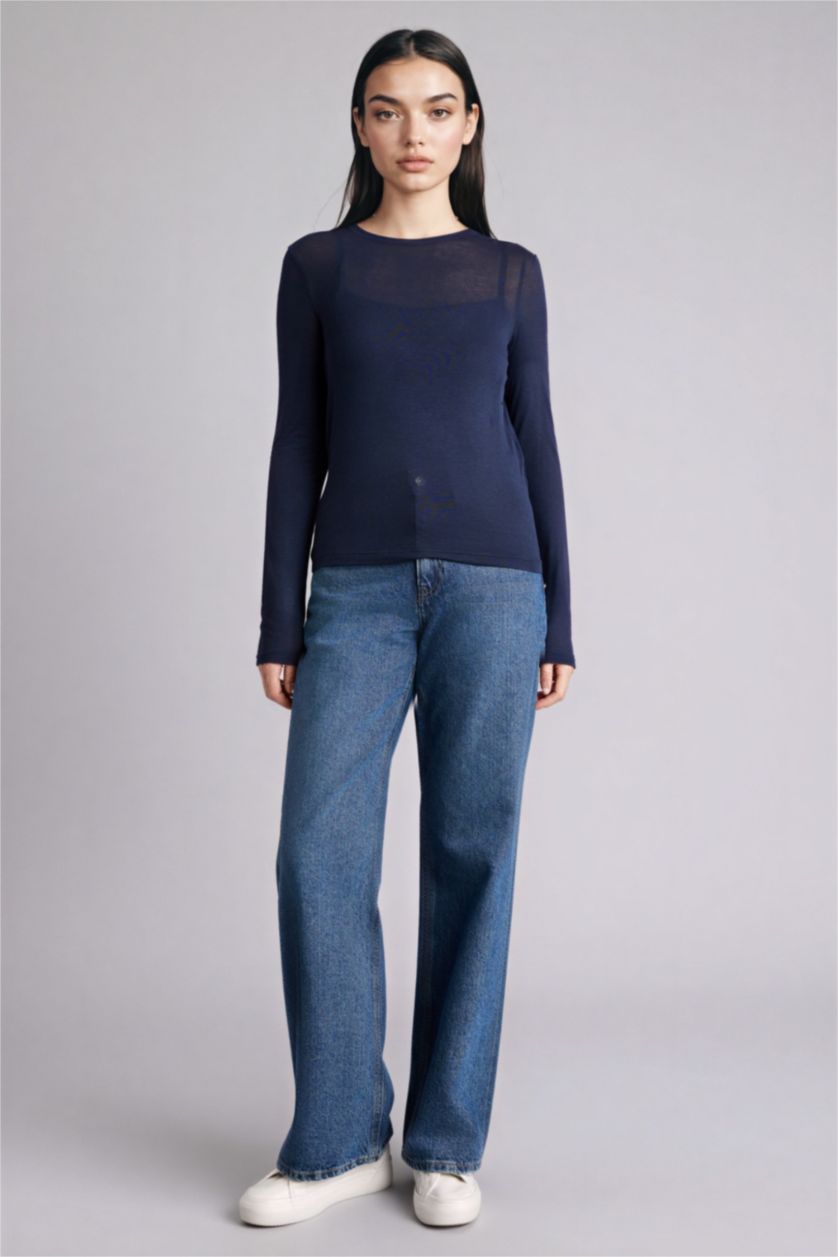 WOMAN NAVY Slim Fit Ribbed T-Shirt