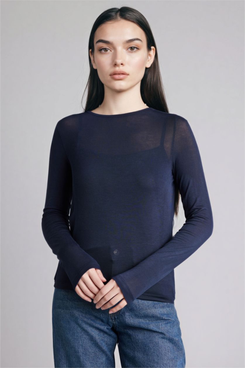 WOMAN NAVY Slim Fit Ribbed T-Shirt