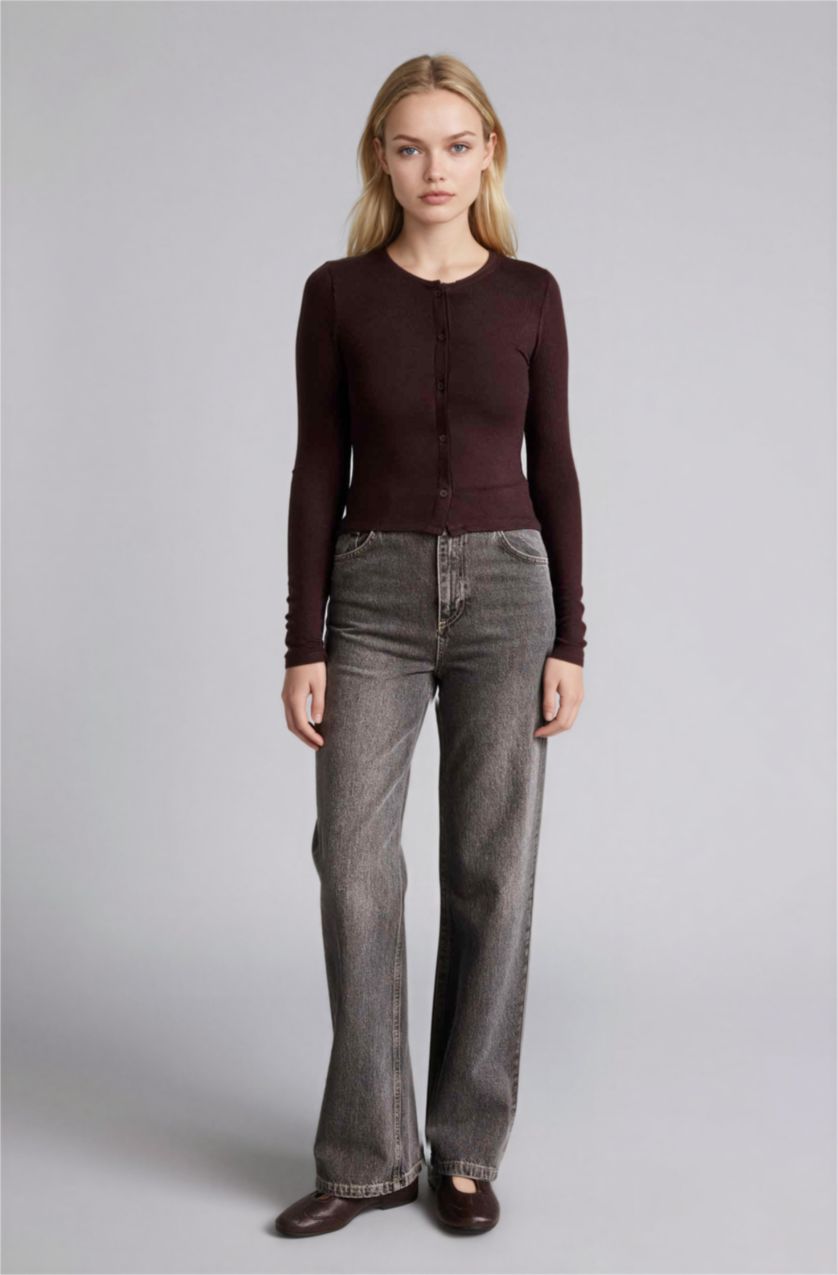 Kadın Kahve Fıtted Bisiklet Yaka Ribana Hırka