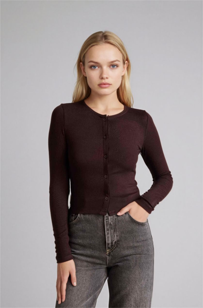 Kadın Kahve Fıtted Bisiklet Yaka Ribana Hırka