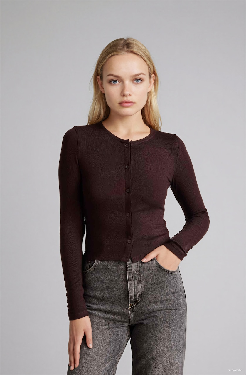 Kadın Kahve Fitted Bisiklet Yaka Crop Basic Hırka