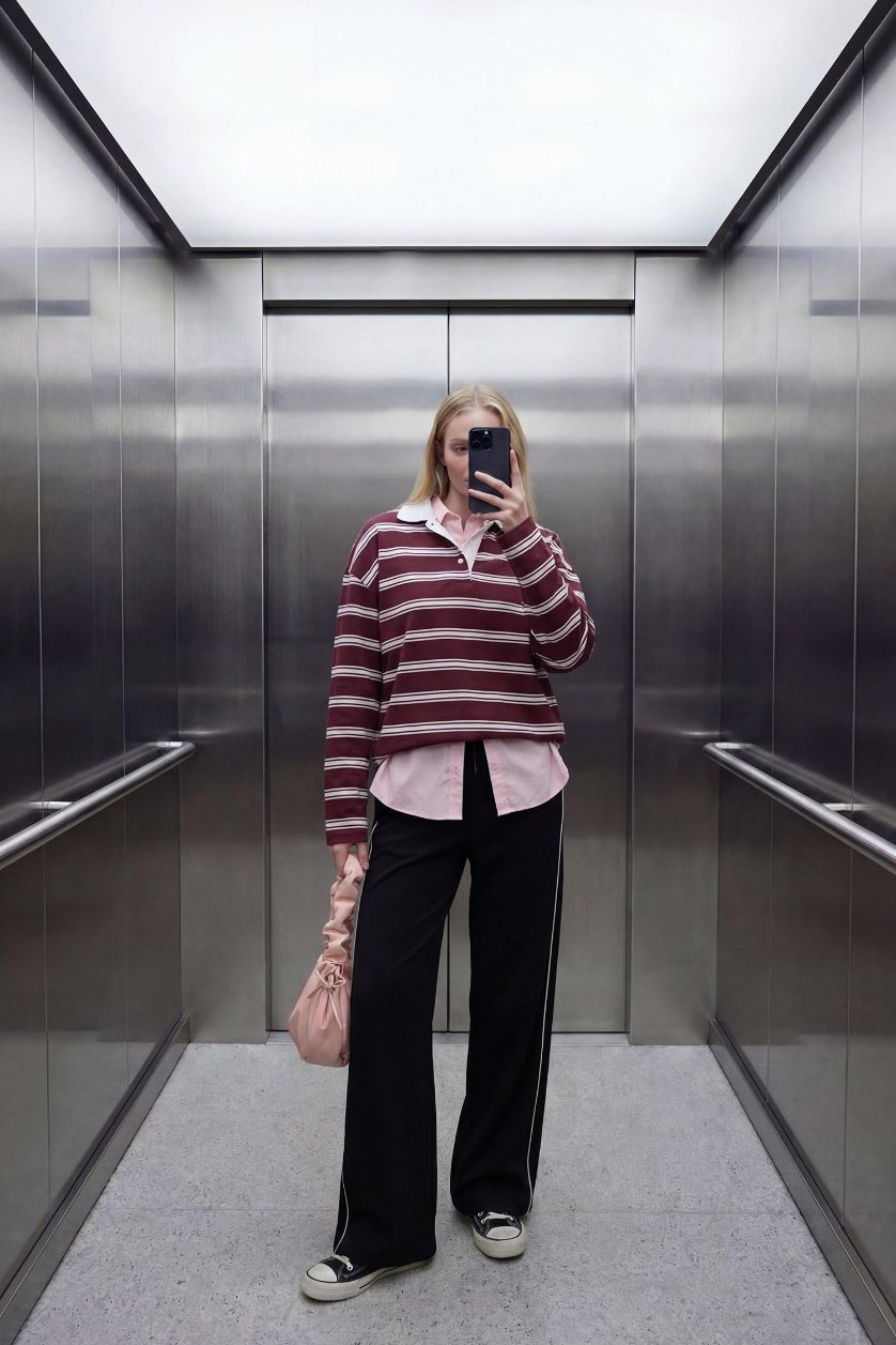 WOMAN Light Pink Cotton Loose Fit Striped Sweatshirt