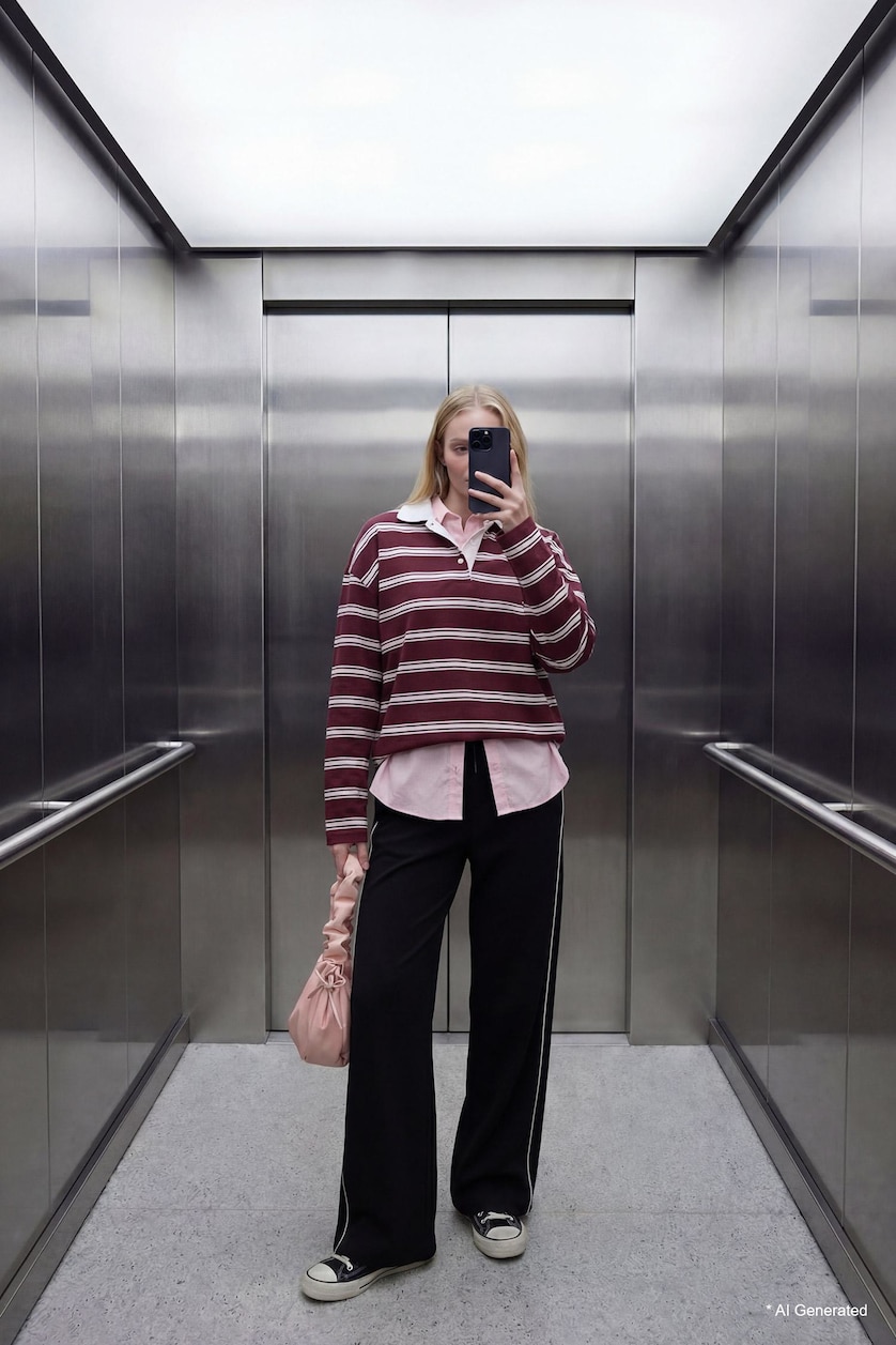 Kadın Açık Pembe %100 Pamuk Loose Fıt Çizgili Sweatshirt