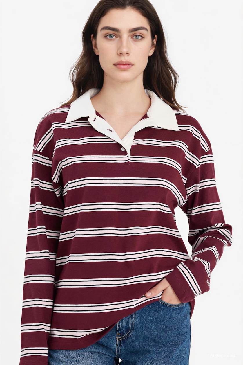 Kadın Açık Pembe %100 Pamuk Loose Fıt Çizgili Sweatshirt