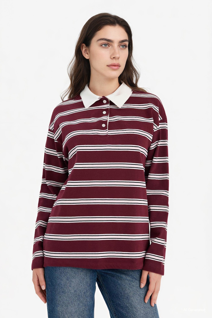 Kadın Açık Pembe %100 Pamuk Loose Fıt Çizgili Sweatshirt