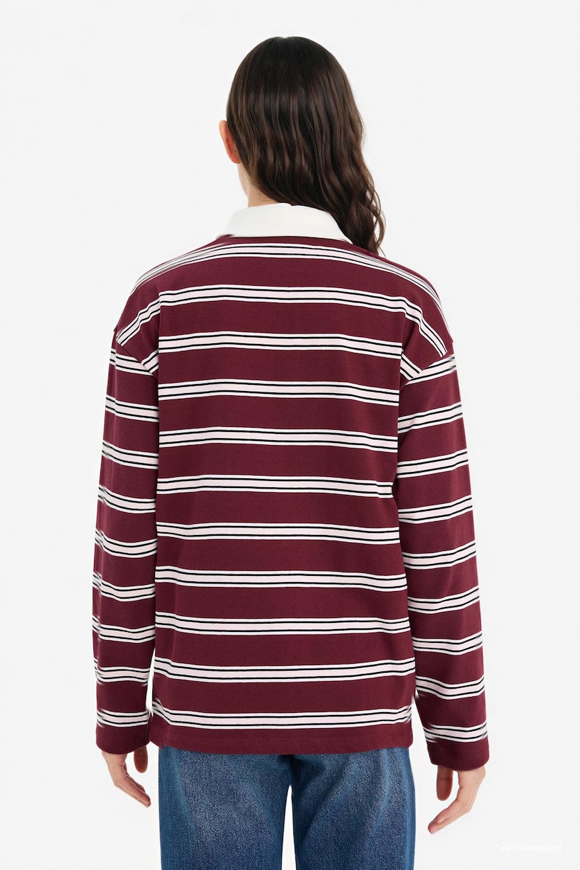 Kadın Açık Pembe %100 Pamuk Loose Fıt Çizgili Sweatshirt