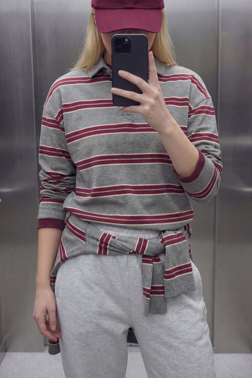 Женщины Серый меланж Свитшот Loose Fit с поло воротником для женщин