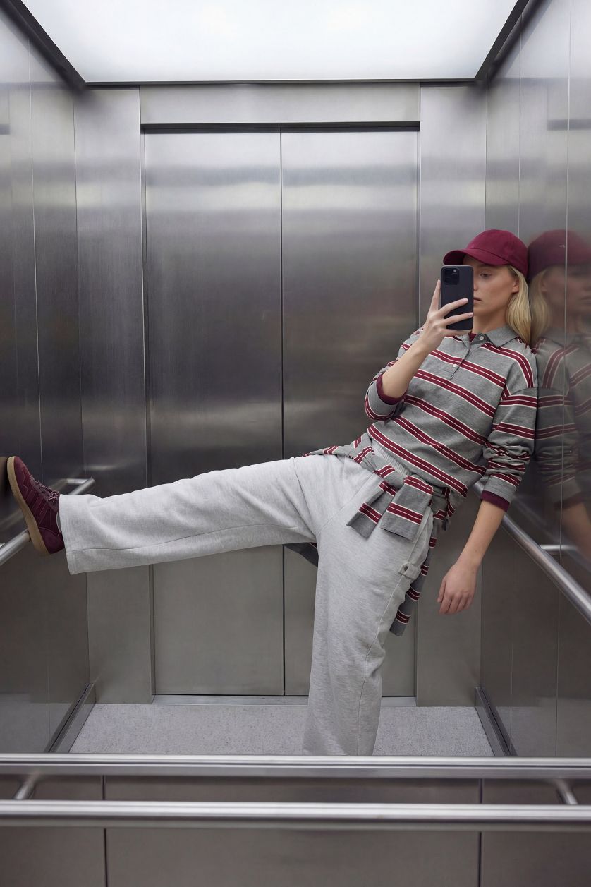 Женщины Серый меланж Свитшот Loose Fit с поло воротником для женщин