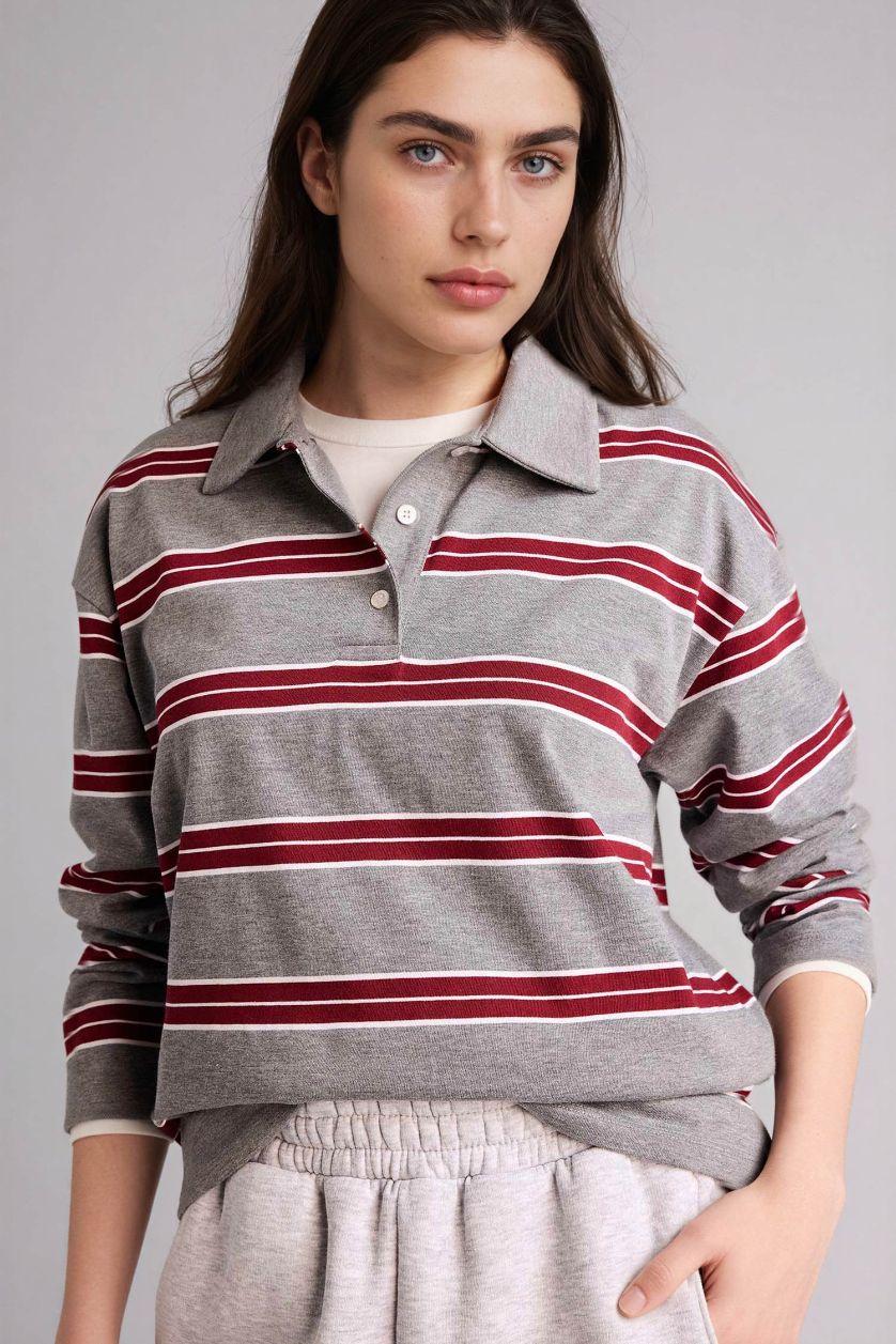 Женщины Серый меланж Свитшот Loose Fit с поло воротником для женщин