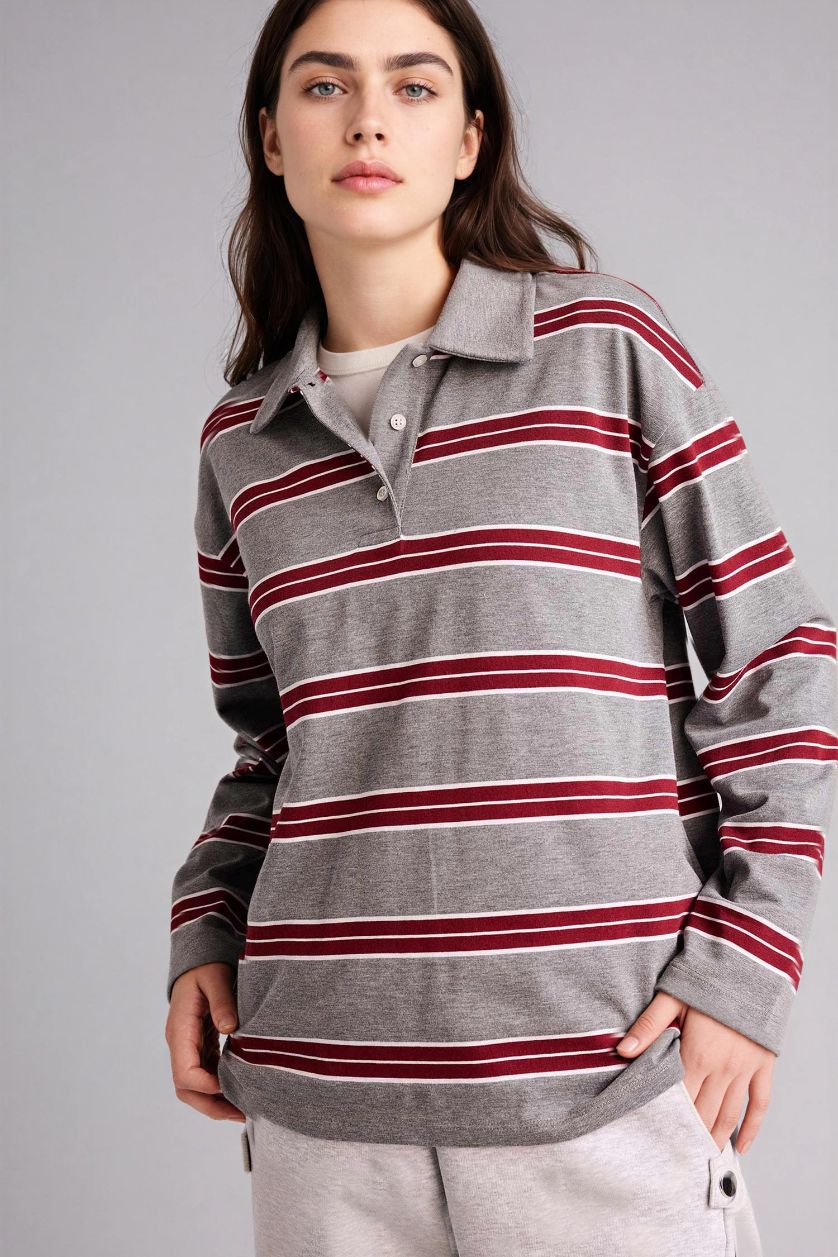 Женщины Серый меланж Свитшот Loose Fit с поло воротником для женщин