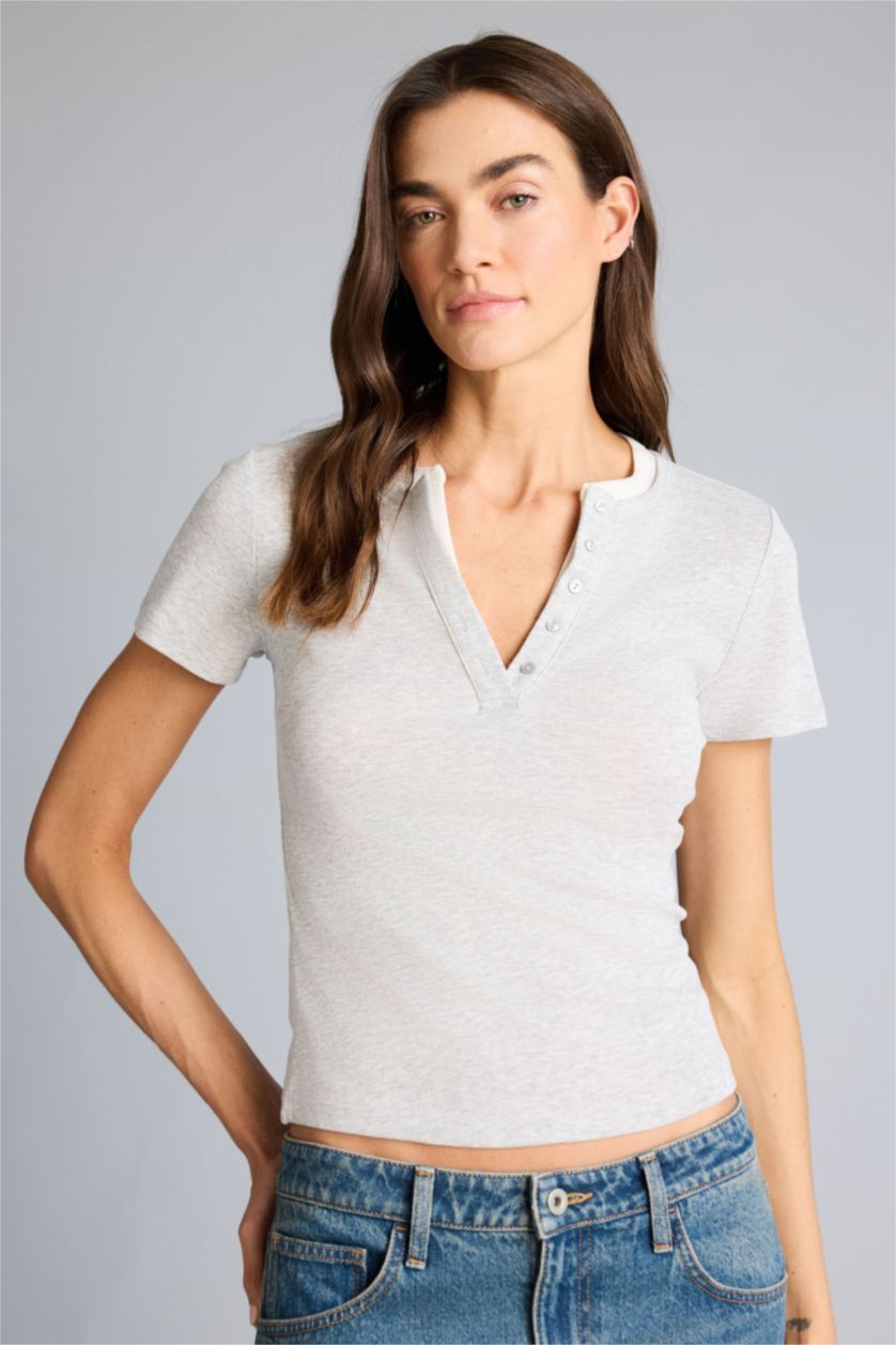 Kadın Gri Melanj Slım Fıt V Yaka Ribana Tişört