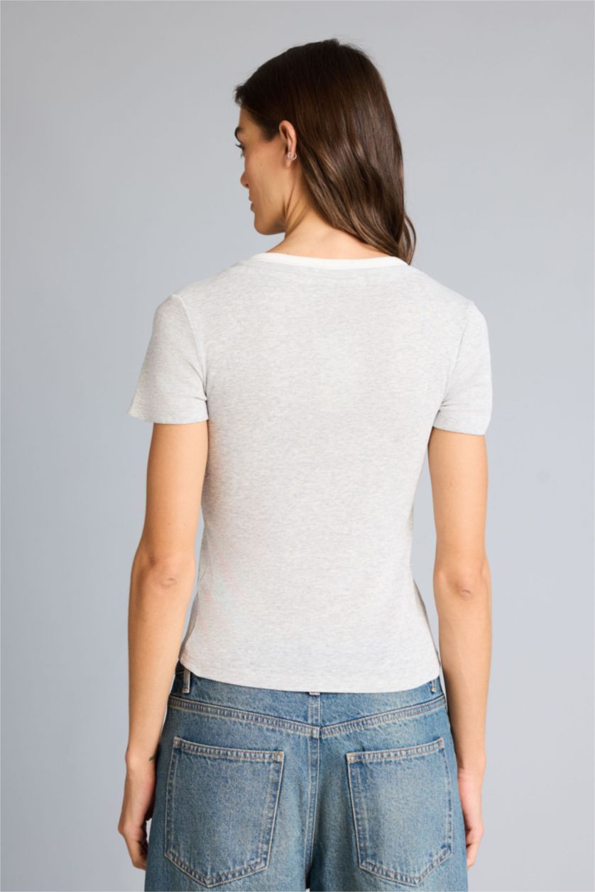 Kadın Gri Melanj Slım Fıt V Yaka Ribana Tişört