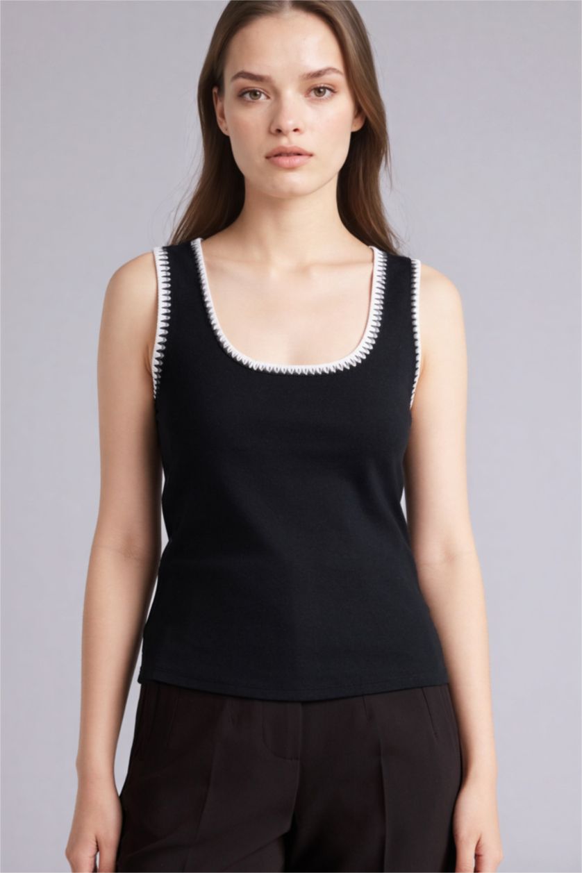 Женщины Черный Майка приталенного кроя с круглым вырезом из рибаны для женщин