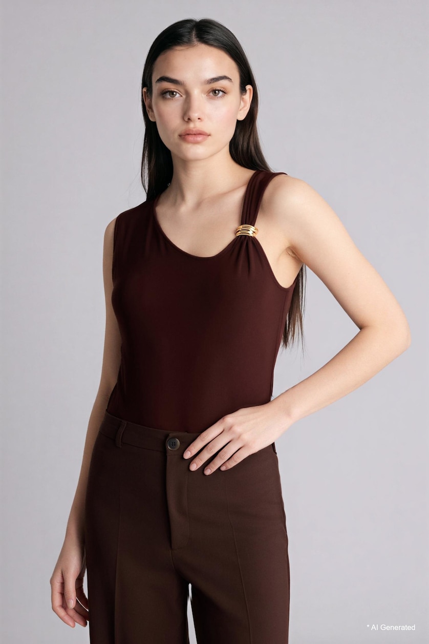 Woman Brown Slim Fit Boat Collar Tank Top