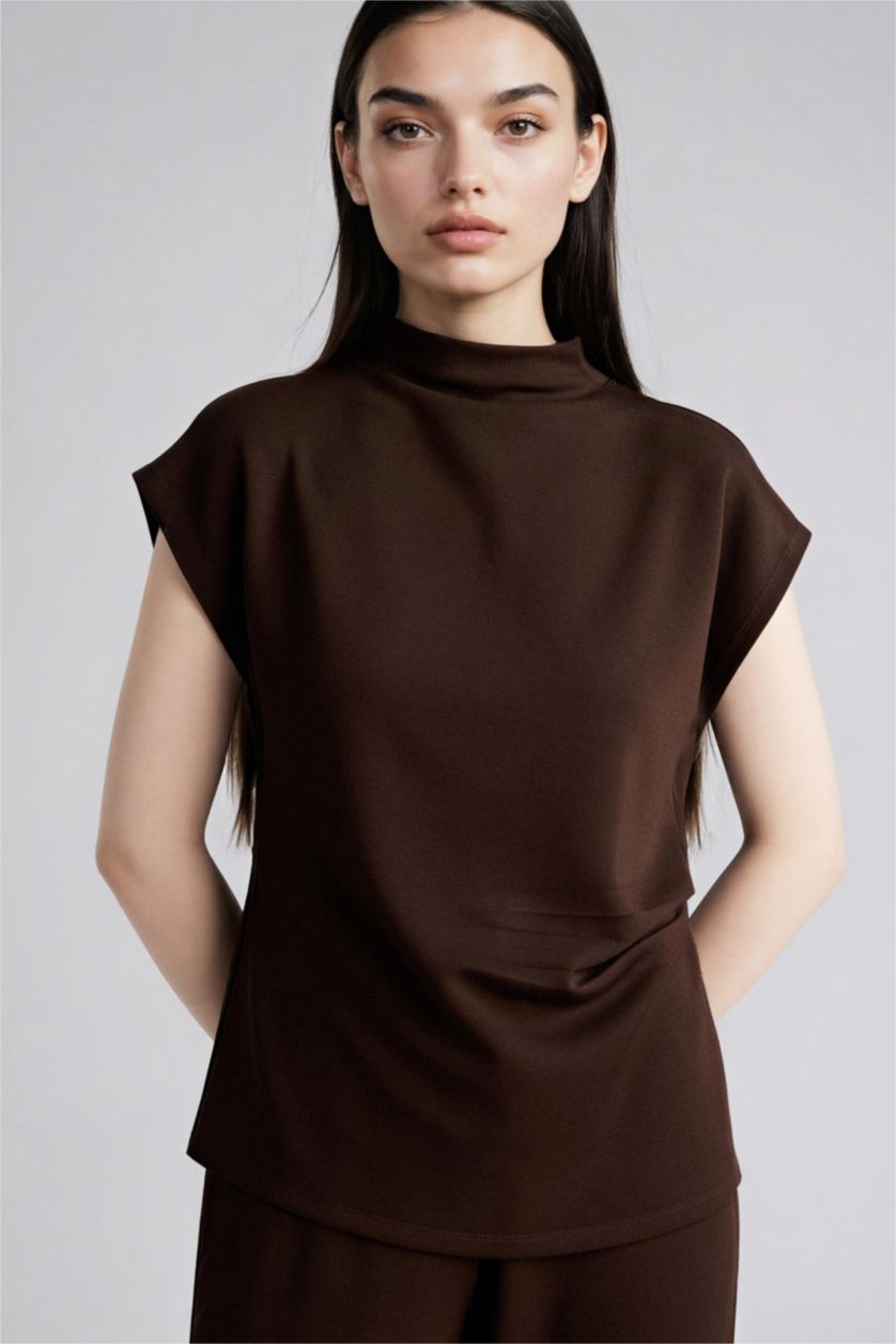 Женщины Коричневый Майка приталенного кроя с воротником стойкой из модала для женщин