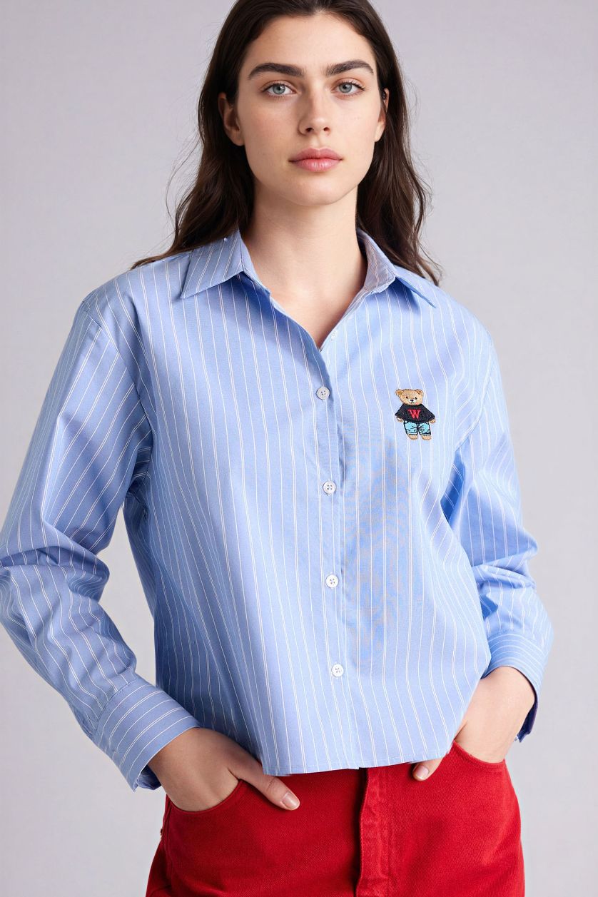 Woman Blue Oversize Fit Shirt Collar Long Sleeve Shirt