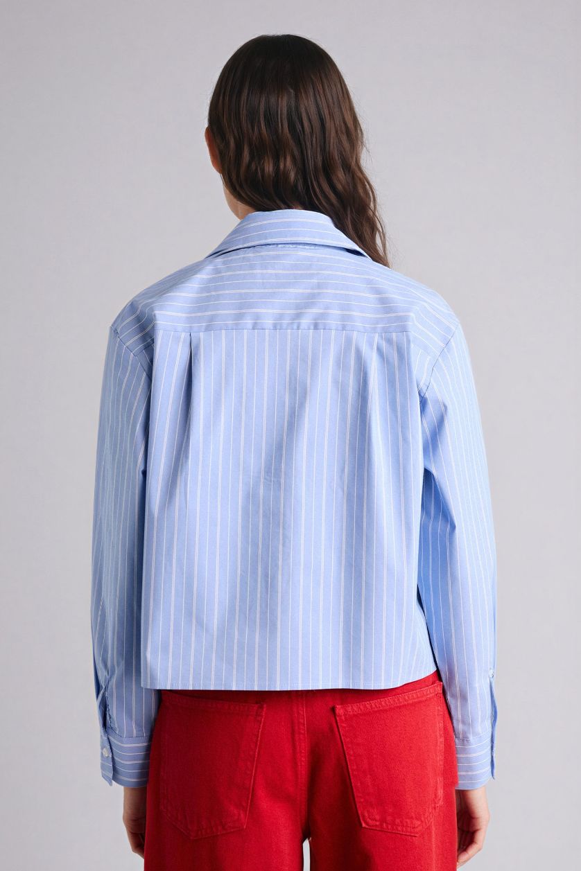 Woman Blue Oversize Fit Shirt Collar Long Sleeve Shirt