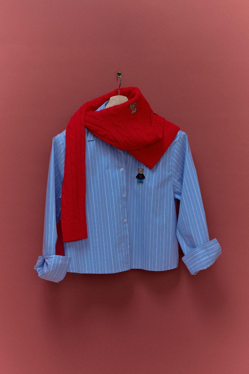 Woman Blue Oversize Fit Shirt Collar Long Sleeve Shirt