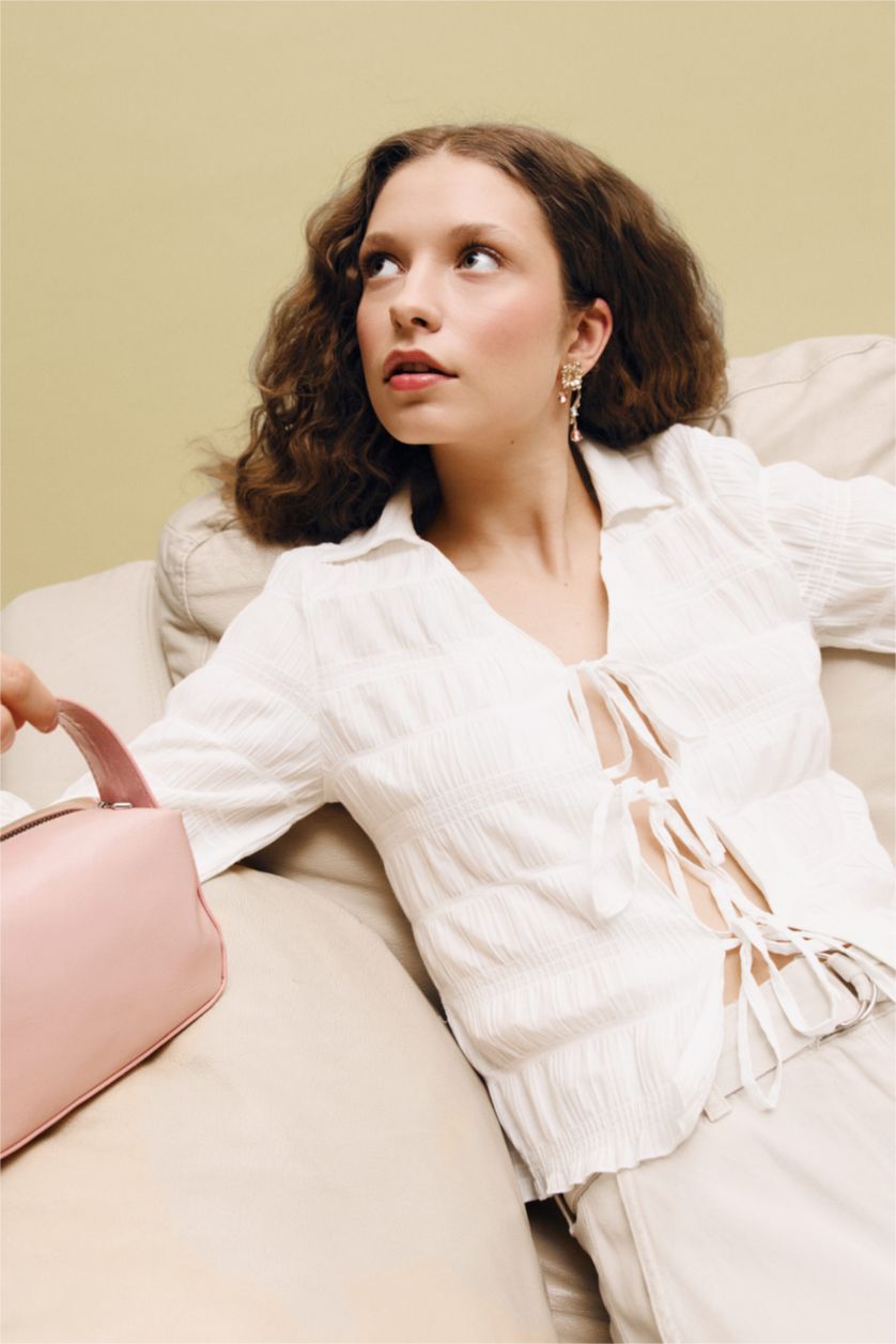 Woman White Fitted Front Tie Textured Blouse