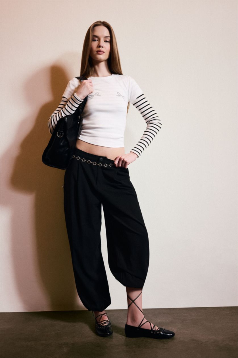 Kadın Siyah Balloon Fıt Yarı Elastik Bantlı Bel Pantolon