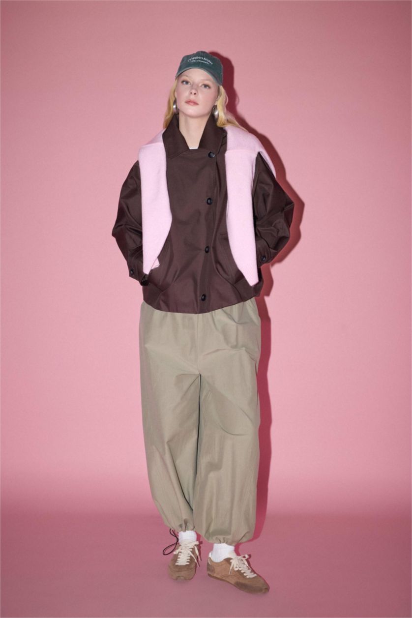 Kadın Haki Balloon Fıt Çift Cepli Normal Bel Pantolon