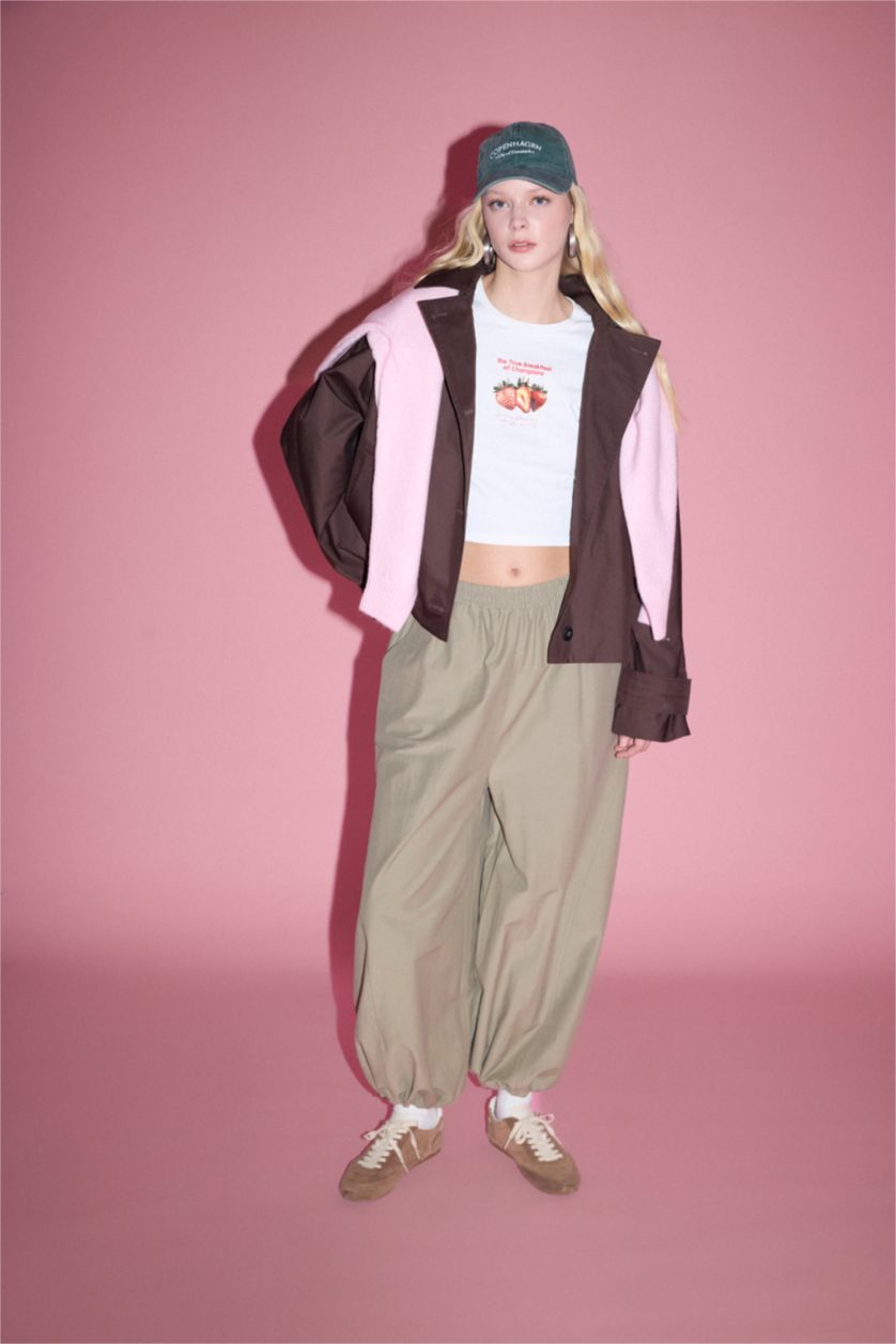 Kadın Haki Balloon Fıt Çift Cepli Normal Bel Pantolon