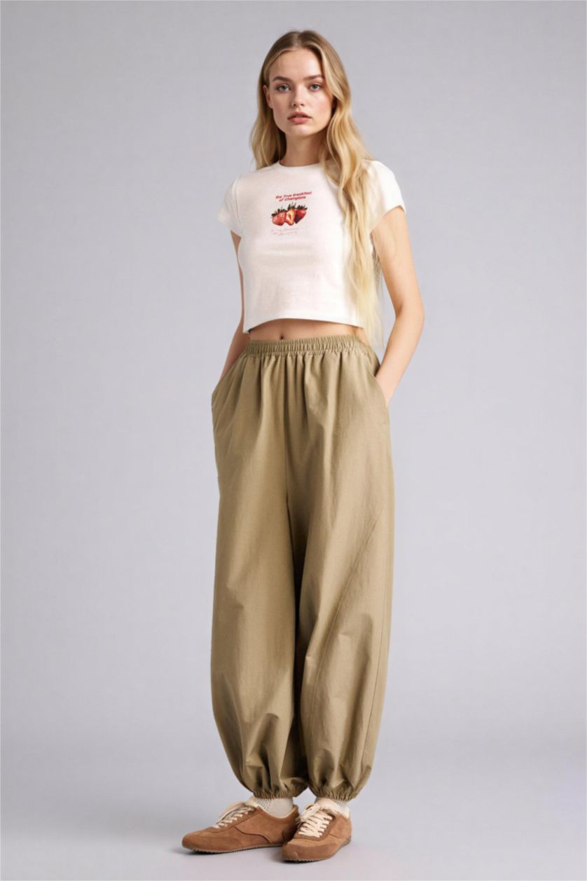 Kadın Haki Balloon Fıt Çift Cepli Normal Bel Pantolon