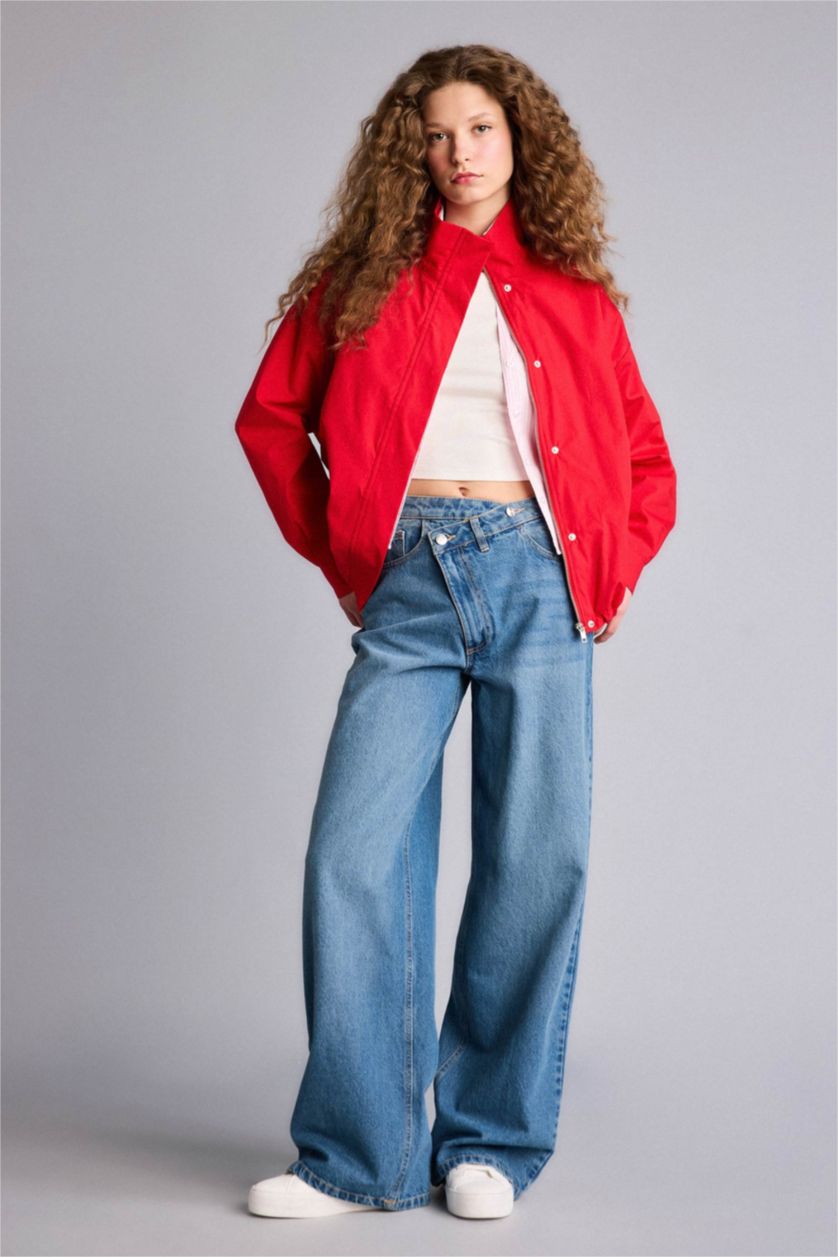 Kadın Kırmızı Hakim Yaka Tafta Poplin Ceket