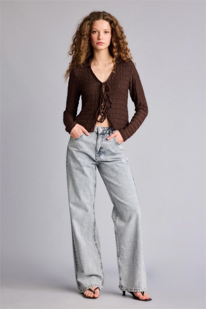 نساء بني بلوزة كم طويل سليم فيت برقبة قميص