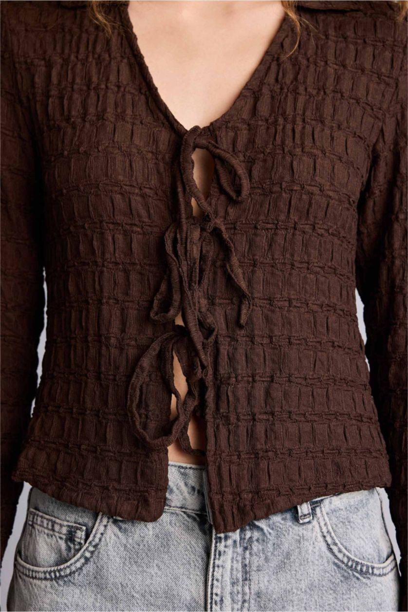 نساء بني بلوزة كم طويل سليم فيت برقبة قميص