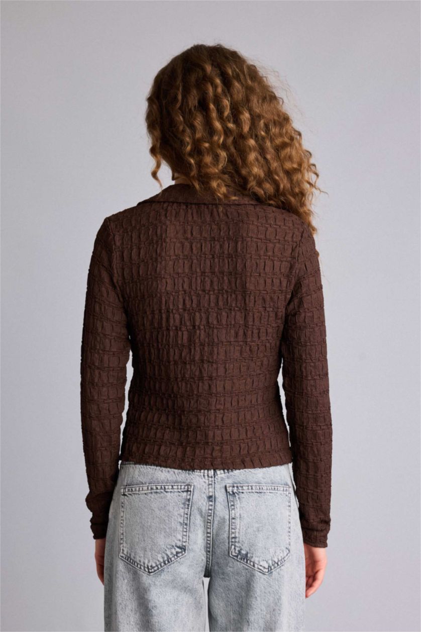 نساء بني بلوزة كم طويل سليم فيت برقبة قميص