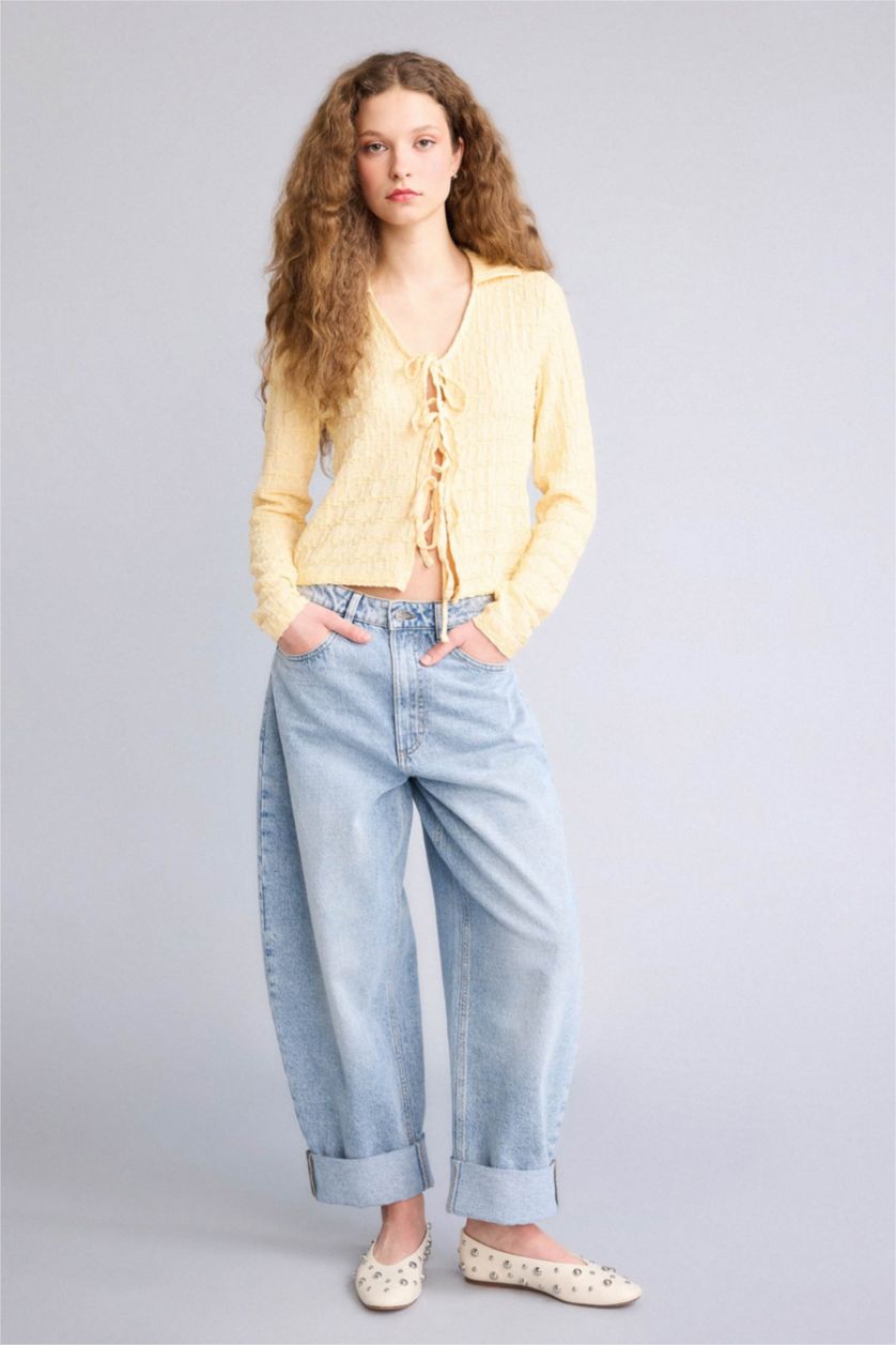 Kadın Sarı Fıtted Önden Bağlamalı Bürümcük Bluz