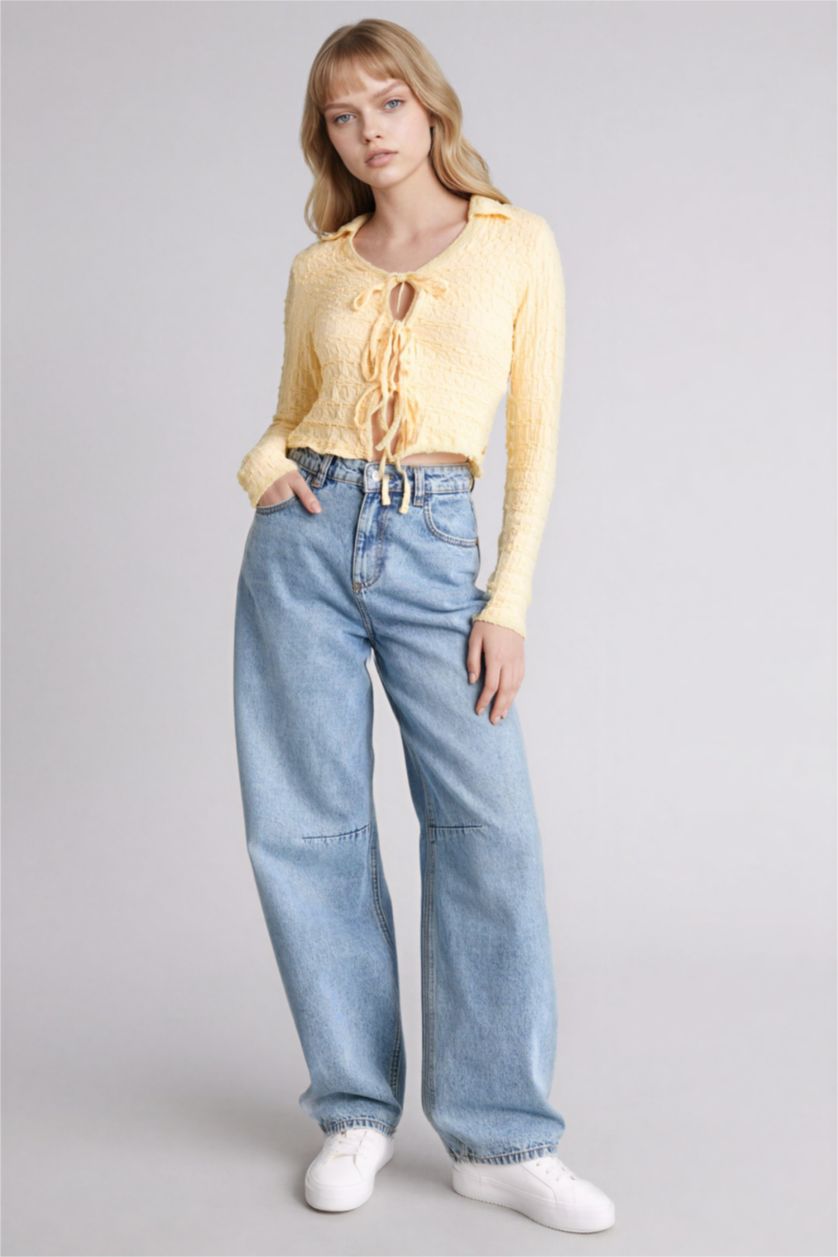 Woman Yellow Slim Fit Shirt Collar Long Sleeve Blouse