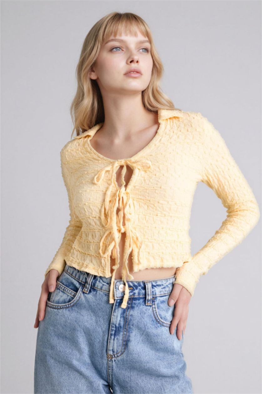 Woman Yellow Slim Fit Shirt Collar Long Sleeve Blouse