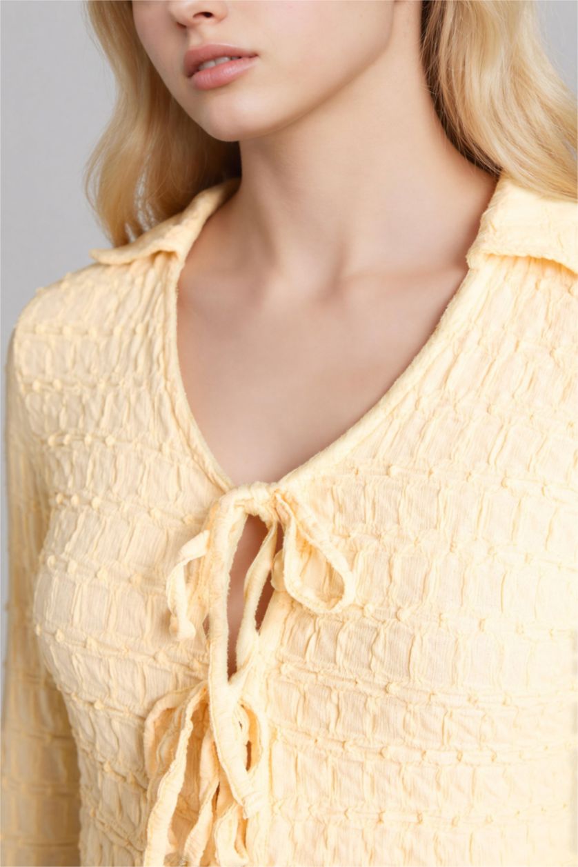 Woman Yellow Slim Fit Shirt Collar Long Sleeve Blouse