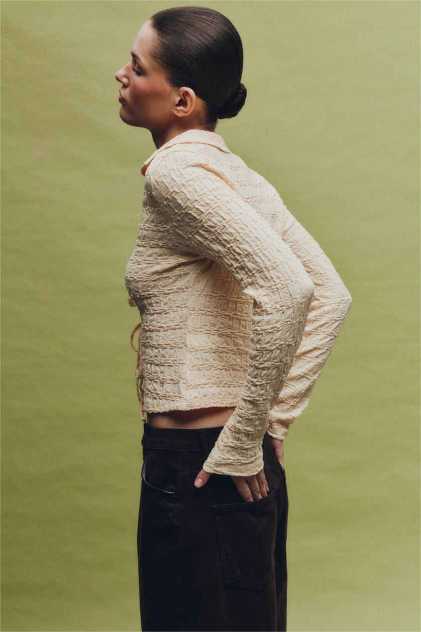 Әйелдерге сары ұзын бұлшықет пішімі жейде мойыны Ұзын Жеңді Блуза