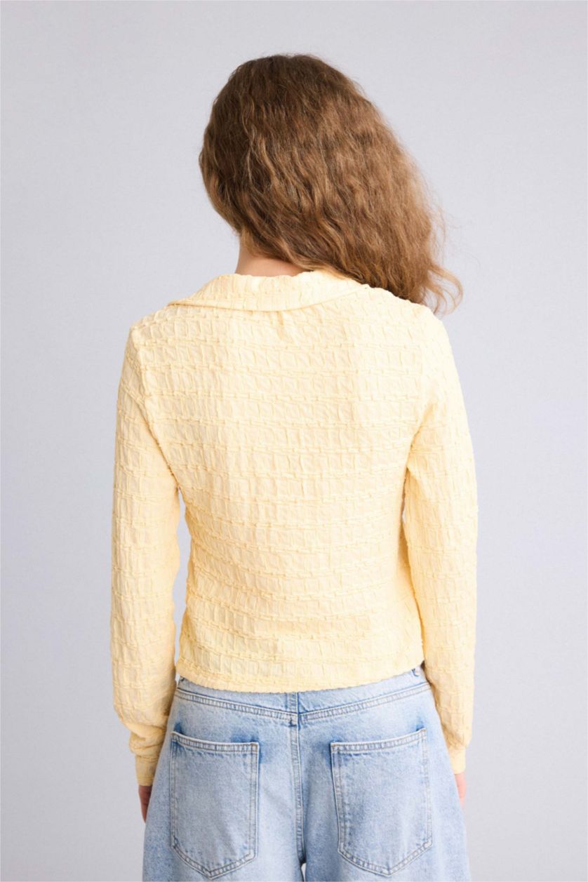 Kadın Sarı Fıtted Önden Bağlamalı Bürümcük Bluz