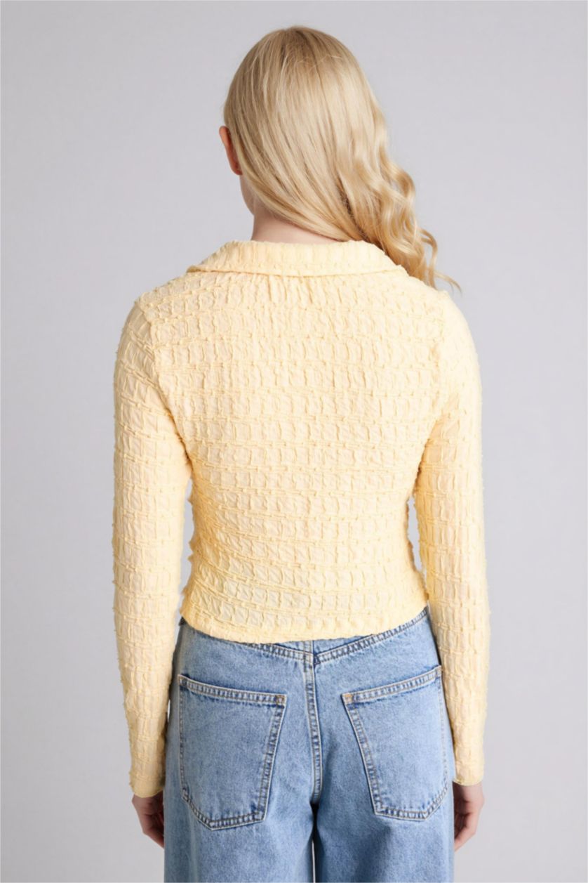 Woman Yellow Slim Fit Shirt Collar Long Sleeve Blouse