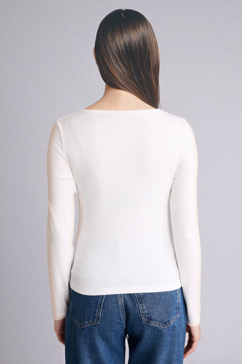 Woman Ecru تيشيرت بيزك سادة ردن طويل سليم فيت